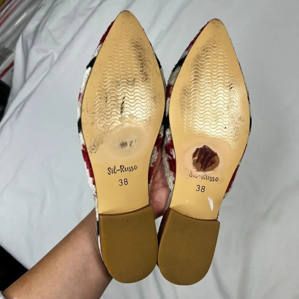 Sil-Russo Ikat Tapestry Mules Flats Slides Geometric Ivory Red Black 38 US 7-7.5 - Picture 10 of 10